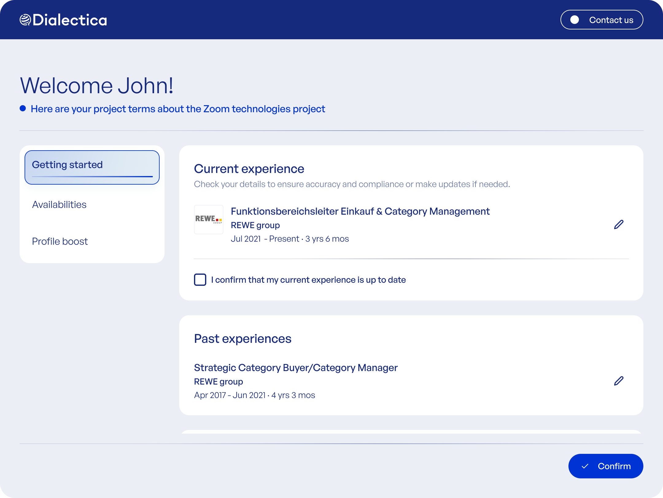 Cut concept: inline experience editing with edit pencils and a confirm checkbox